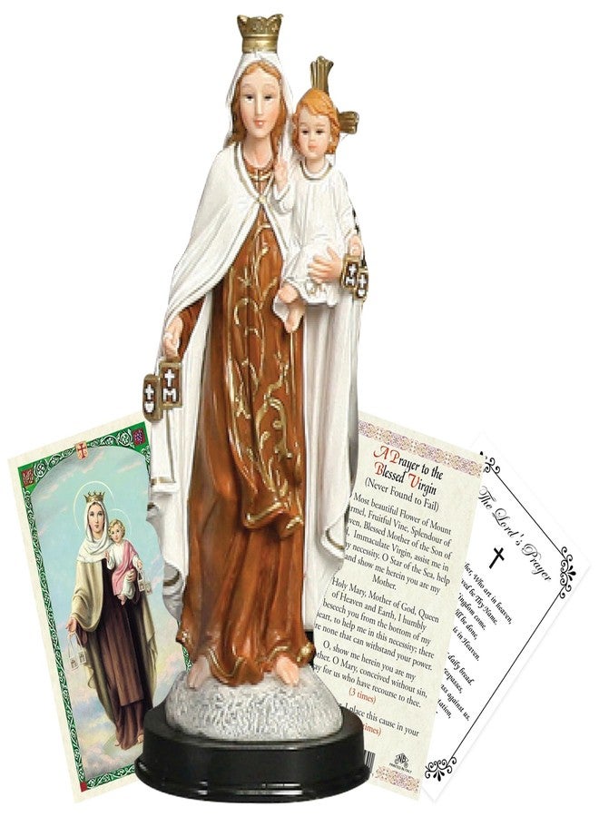 Trendzeen 5 Inch Our Lady of Mt Carmel Statue - Our Lady of Mount Carmel Prayer Card, The Lord's Prayer Card - Mother Mary Statue for Home Decor, Altar - Virgen Del Carmen Estatua - 3 Items Set - Image 1